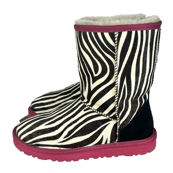 UGG Australia Boots Womens 6 Classic Short Leather Real Fur Zebra Print Lined - Picture 1 of 13